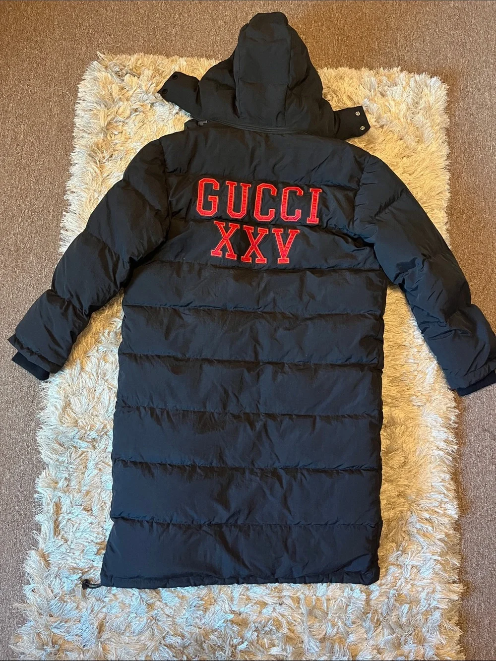 Gucci Black Long Puffer Coat with Red Logo